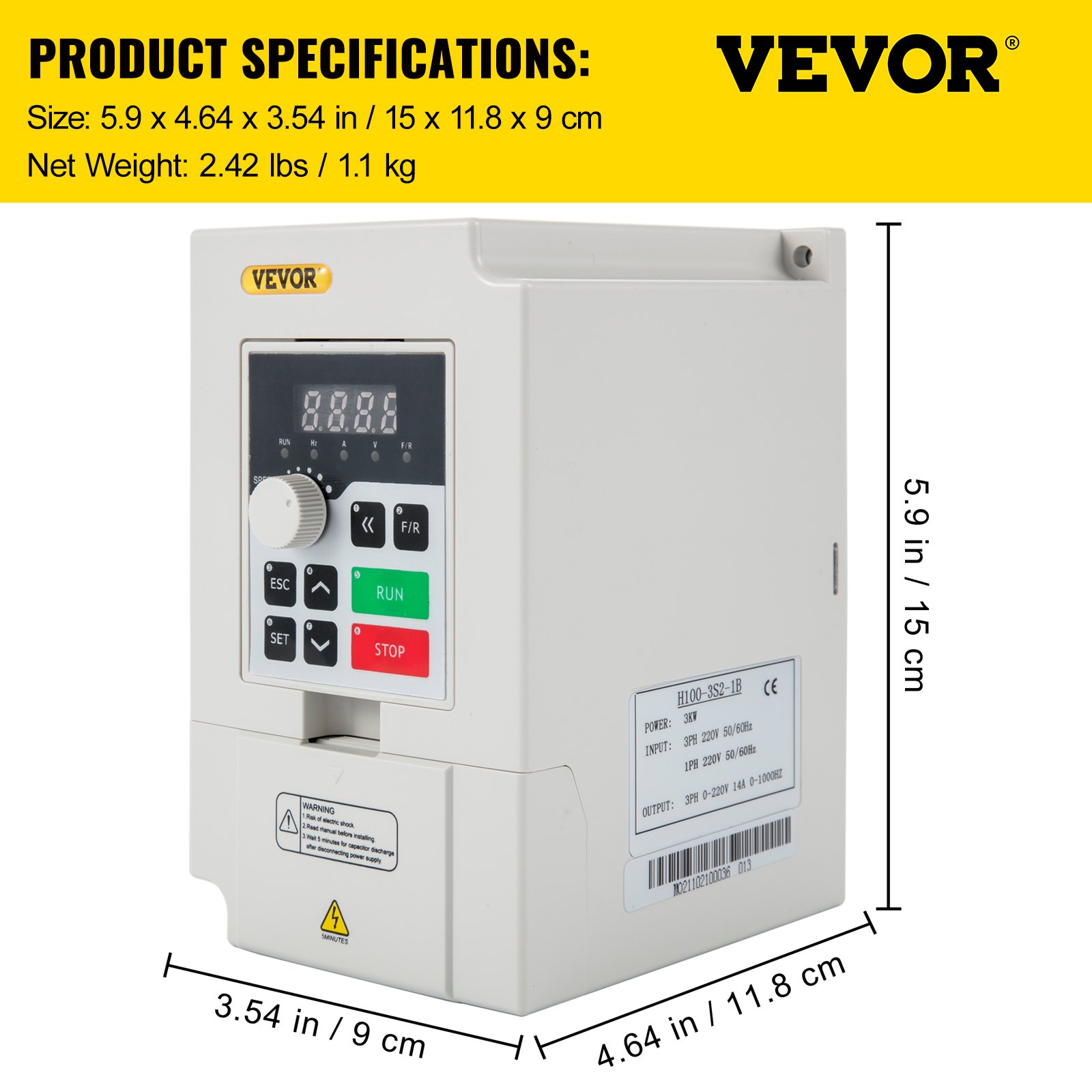Variador de frecuencia VEVOR con dimensiones y botones del panel de control.