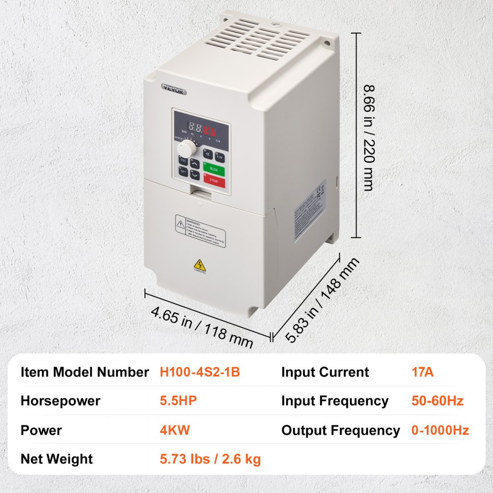 VEVOR Variable Frequency Drive, AC 220V Input 4KW Variable Frequency CNC Drive Inverter Converter, VFD 5.5HP 1 or 3 Phase Input, 3 Phase Output, CNC Motor Inverter Converter for Motor Speed Control