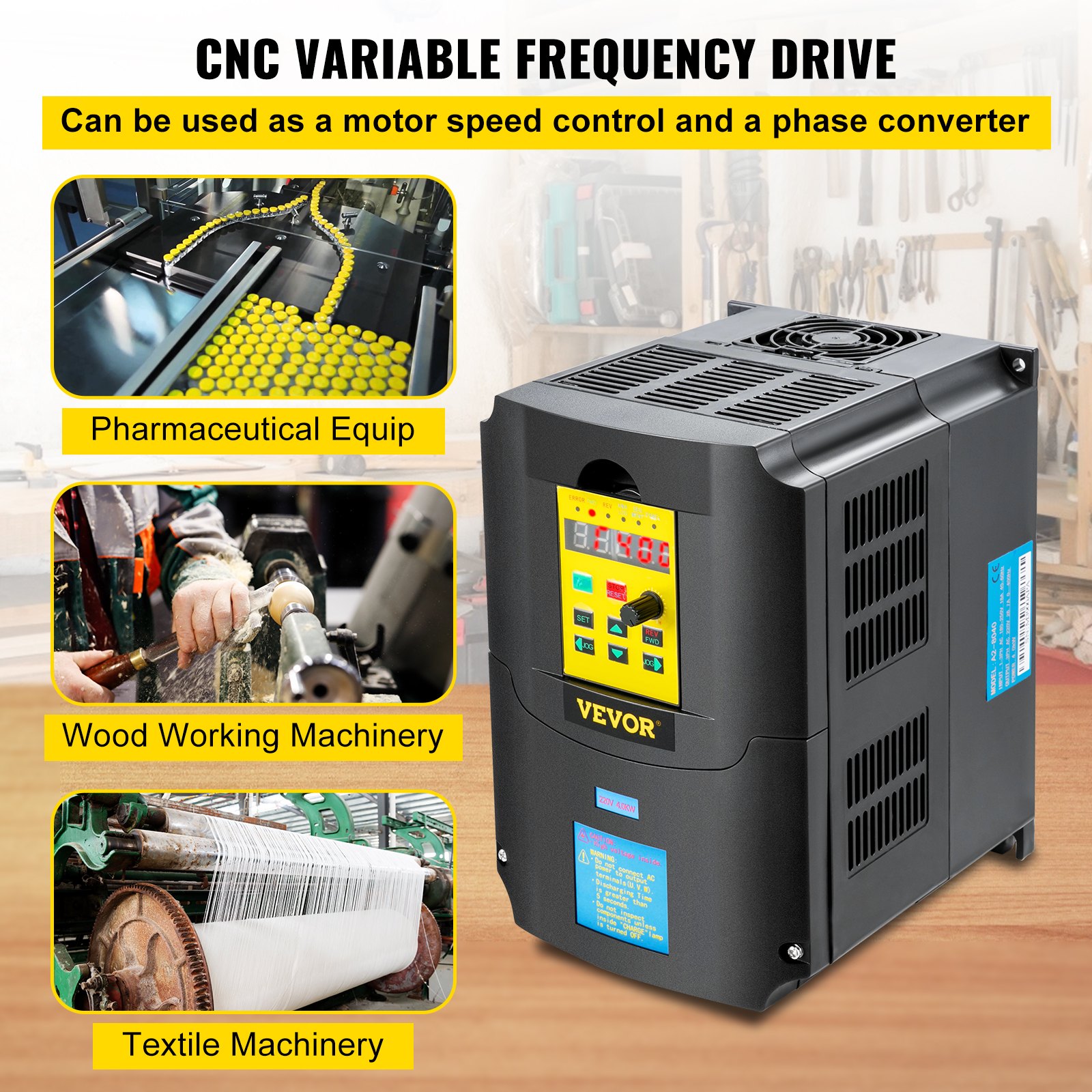 Variador de frecuencia VEVOR para equipos de carpintería, textiles y farmacéuticos.