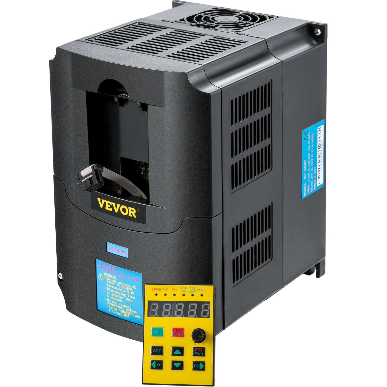 Variador de frecuencia VEVOR con panel de control y rejillas de refrigeración.