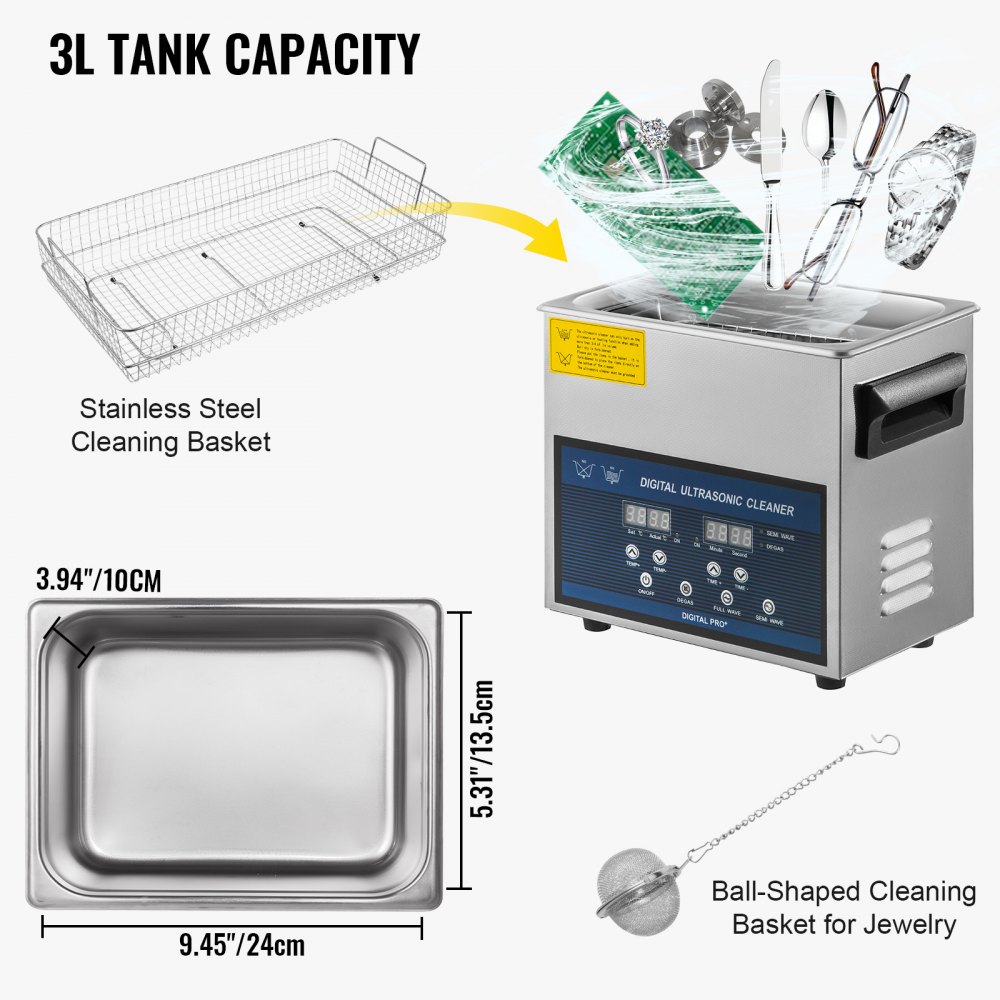 VEVOR Limpiador ultrasónico 3L 28/40khz Limpiador de piezas ultrasónico profesional de frecuencia dual con temporizador de calentador para limpieza