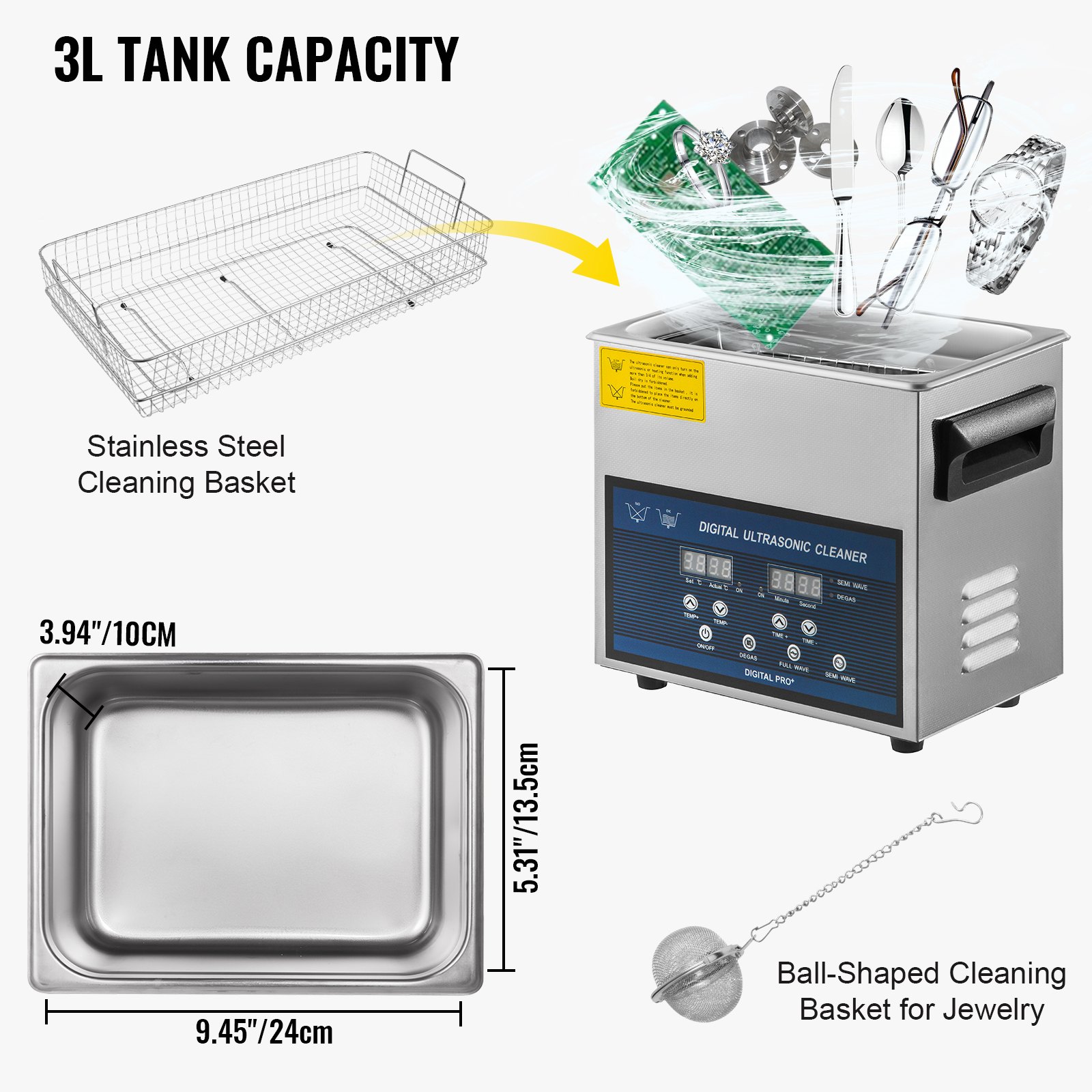 VEVOR Limpiador ultrasónico 3L 28/40khz Limpiador de piezas ultrasónico profesional de frecuencia dual con temporizador de calentador para limpieza