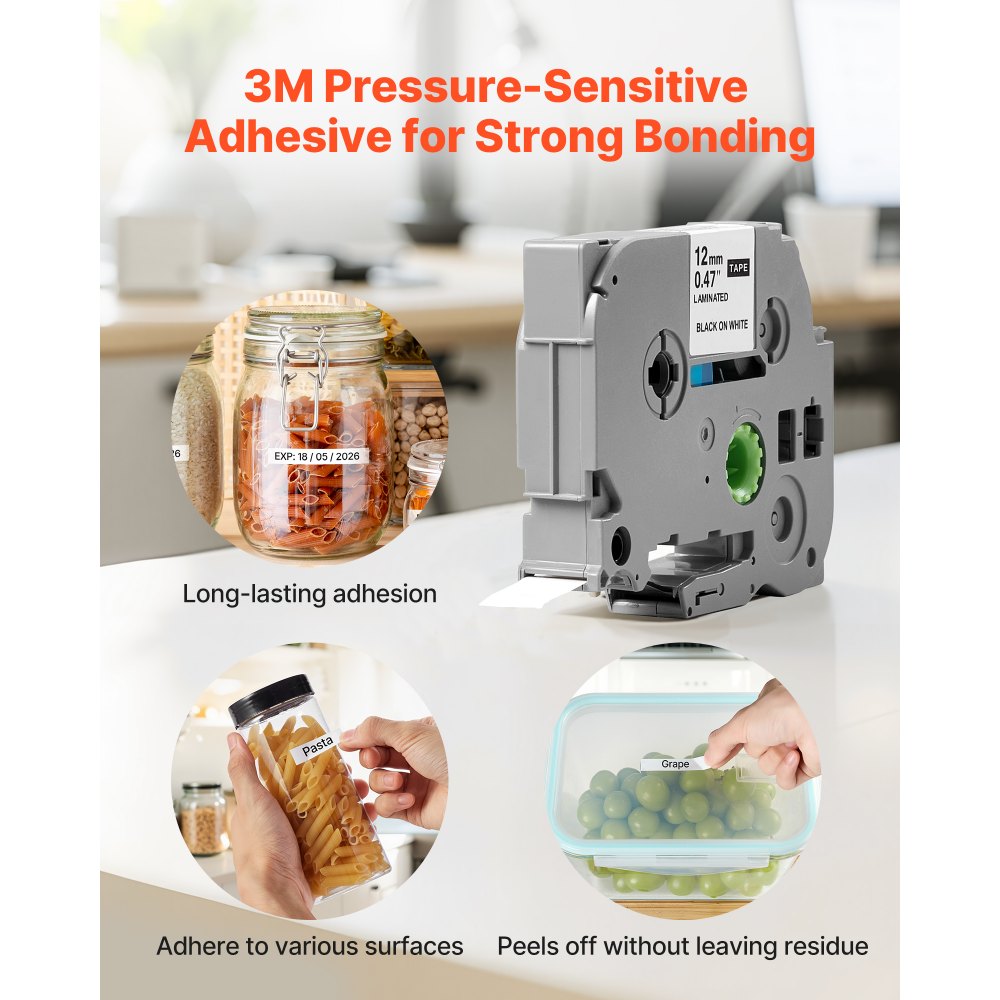 Cinta para rotuladora VEVOR, paquete de 4, 12 mm (0,47 pulg.), negra sobre blanca. Recambios compatibles con varios modelos de rotuladoras Brother P-Touch. Resistentes y duraderas. Reemplazo para Letra Tag TZe-231.