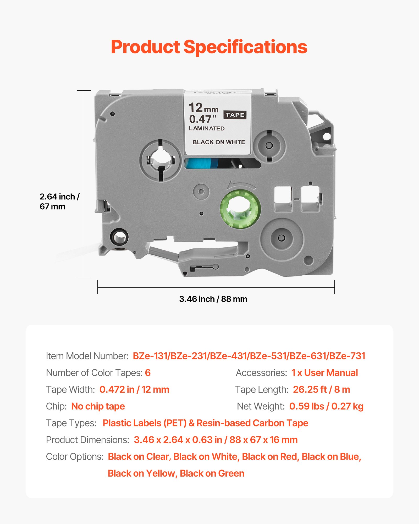 Cinta para rotuladora VEVOR, paquete de 6, recambios de colores de 12 mm (0,47 pulgadas) compatibles con varios modelos de rotuladoras Brother P-Touch, repuesto para Letra Tag TZe-131, TZe-231, TZe-431, TZe-531, TZe-631 y TZe-731.