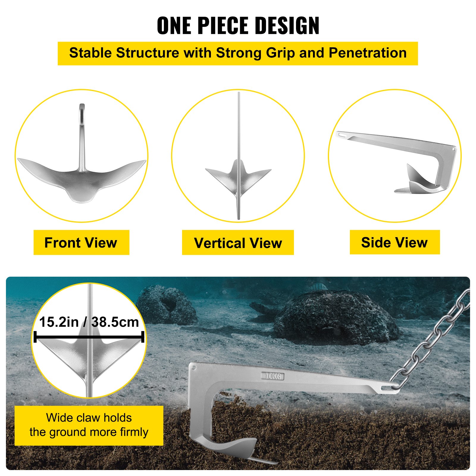 VEVOR Bruce Claw Anchor Ancla de barco de 22 lb, ancla de barco de acero galvanizado, ancla marina de 10 kg con un grillete de ancla, ancla de barco resistente para amarre de yate de barco de 26'-33' en la playa