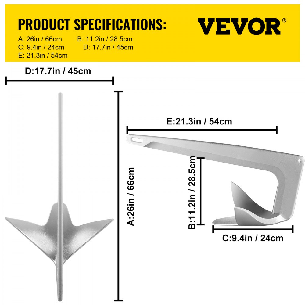 VEVOR Bruce Claw Anchor Ancla de barco de 33 lb, ancla de barco de acero galvanizado, ancla marina de 15 kg con un grillete de ancla, ancla de barco resistente para amarre de yate de barco de 28'-38' en la playa
