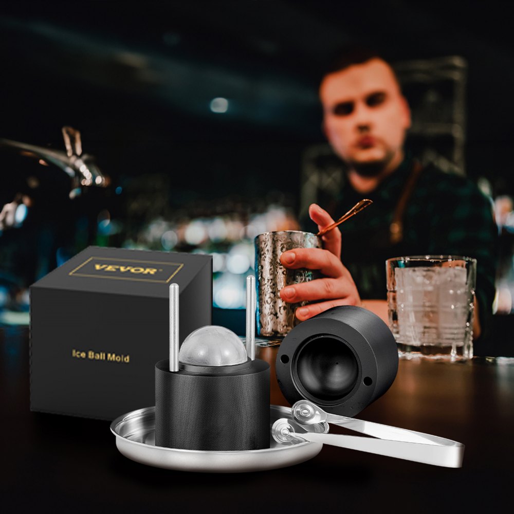 Prensa para bolas de hielo VEVOR de 2,4", kit de aleación de aluminio para esferas de hielo de 60 mm, con pinzas y bandeja de goteo, ideal para whisky, cócteles, bourbon y escocés en fiestas y festividades, color negro