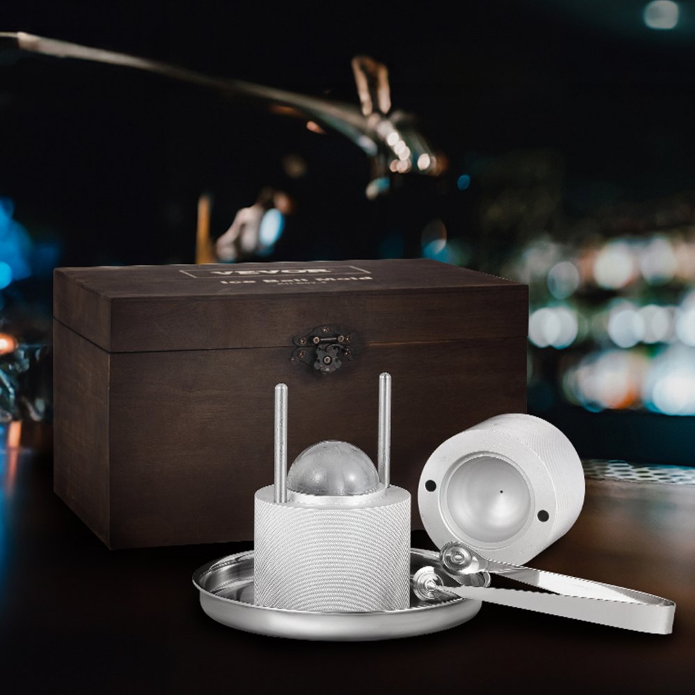 Kit de prensa para bolas de hielo VEVOR, prensa de hielo de aleación de aluminio para aviones con molde para bloques de hielo, tapete grande, pinzas, bandeja de goteo, un vaso, máquina para hacer bolas de hielo redondas de 60 mm, ideal para whisky, cócteles, fiestas y festividades.