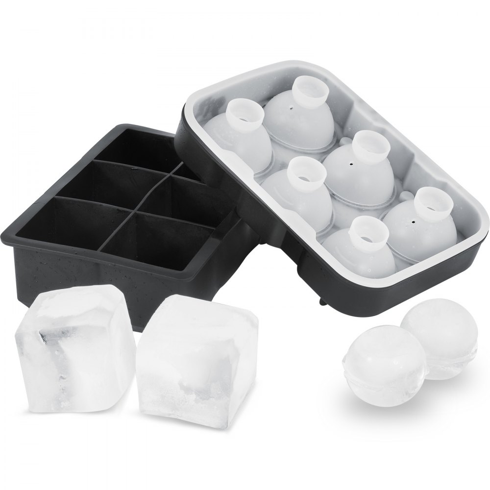 VEVOR Bandejas para cubitos de hielo (juego de 2), combo 2 en 1 con esfera de silicona para hacer bolas de hielo y máquina para hacer cubitos de hielo cuadrados grandes con tapa, juego de bandejas de hielo reutilizables de fácil liberación sin BPA para cócteles de whisky Bourbon