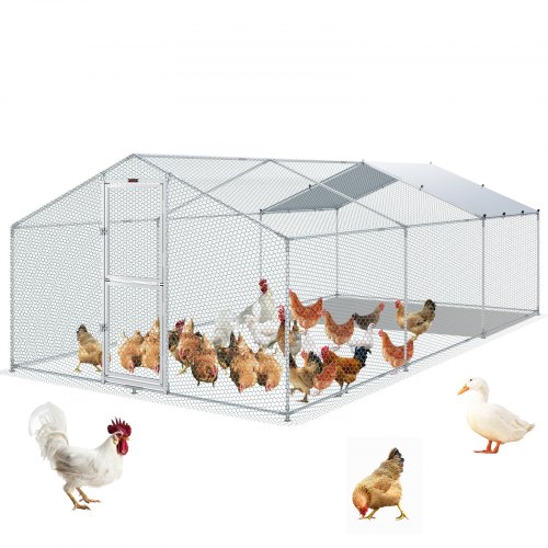 VEVOR Gallinero grande de metal con corredor, jaula para aves de corral para patio, cubierta impermeable, 19,7 x 9,8 x 6,6 pies, techo puntiagudo para gallinero, gallinero de patos y conejos, plateado