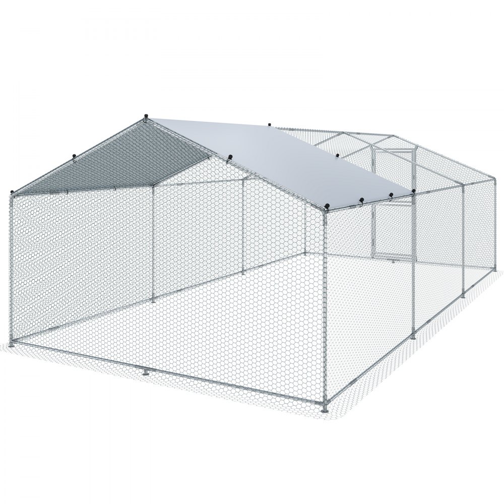 VEVOR Gallinero grande de metal con corredor, jaula para aves de corral para patio, cubierta impermeable, 19,7 x 9,8 x 6,6 pies, techo puntiagudo para gallinero, gallinero de patos y conejos, plateado