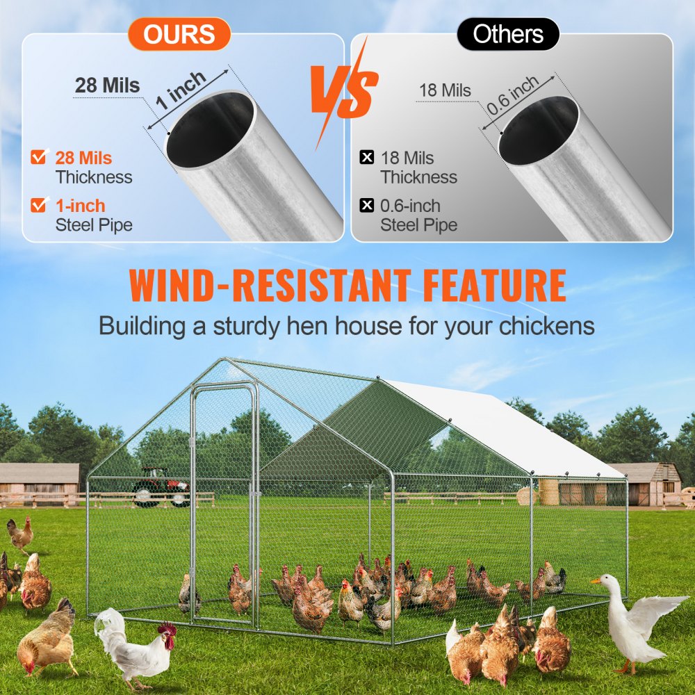 VEVOR Gallinero grande de metal, 3 x 3,9 x 2 m, corral para gallineros con acceso para patio, con cubierta, gallinero con techo en forma de aguja y cerradura de seguridad para exteriores y patios, granjas, jaulas para patos, conejos y aves de corral.