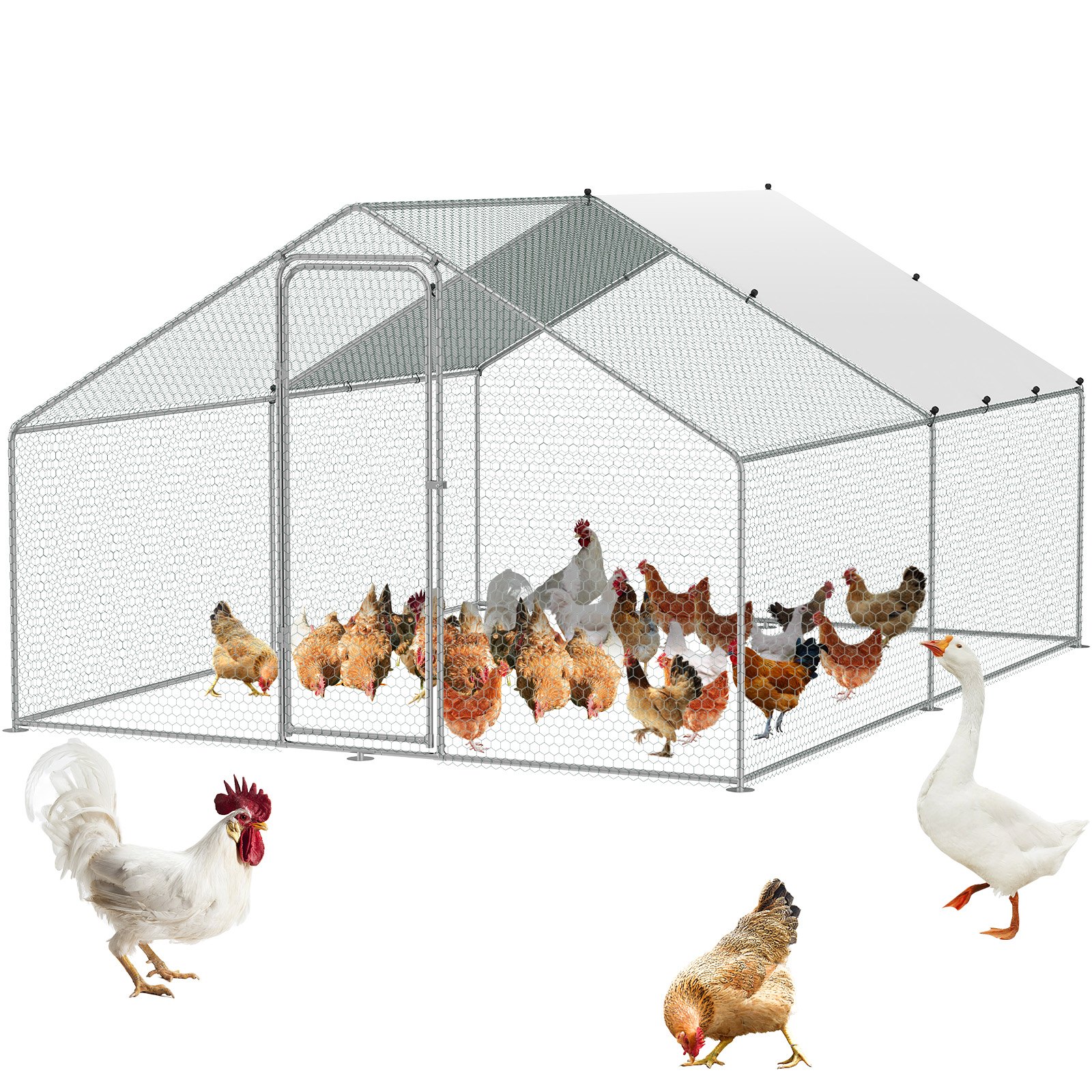VEVOR Gallinero grande de metal, 3 x 3,9 x 2 m, corral para gallineros con acceso para patio, con cubierta, gallinero con techo en forma de aguja y cerradura de seguridad para exteriores y patios, granjas, jaulas para patos, conejos y aves de corral.