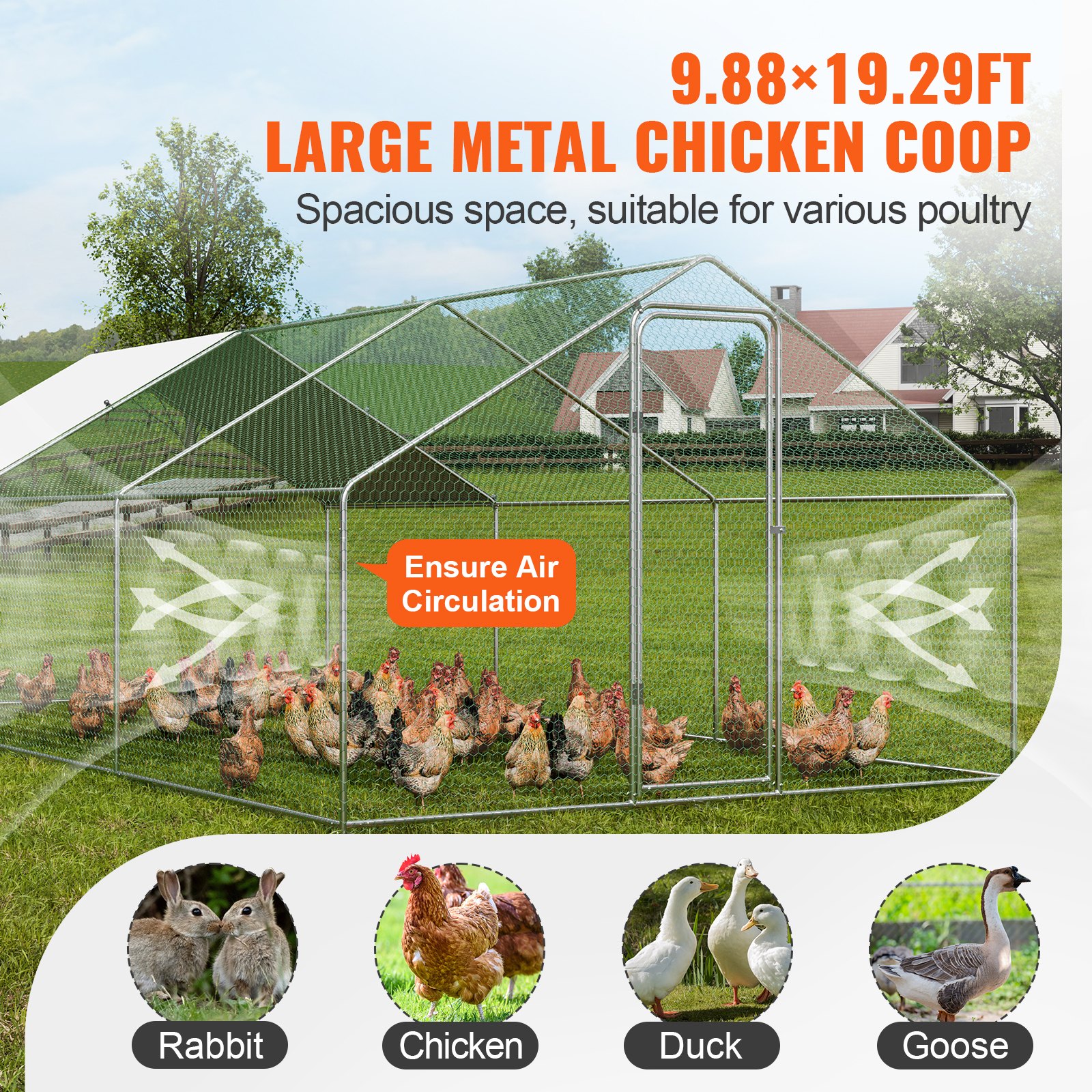 VEVOR Gallinero grande de metal, 3 x 5 x 1 m, corral para gallineros con acceso para patio, con cubierta, gallinero con techo en forma de aguja y cerradura de seguridad para exteriores y patios, granjas, jaulas para patos, conejos y aves de corral.