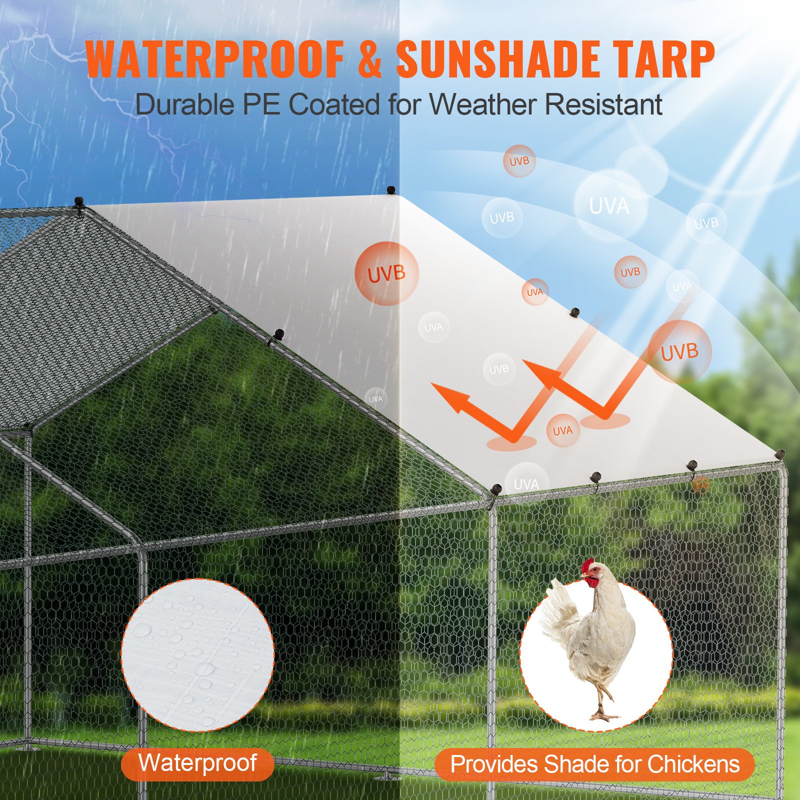 VEVOR Gallinero grande de metal, 3 x 5 x 1 m, corral para gallineros con acceso para patio, con cubierta, gallinero con techo en forma de aguja y cerradura de seguridad para exteriores y patios, granjas, jaulas para patos, conejos y aves de corral.