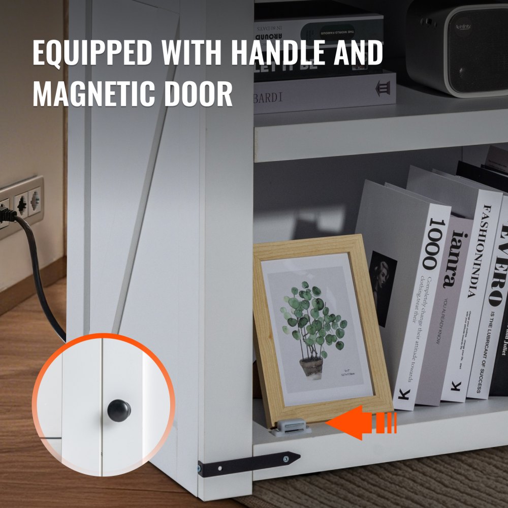 Mesa auxiliar estilo granja VEVOR, mesita de noche con estación de carga, mesa auxiliar de 3 niveles con armario de almacenamiento, mesa auxiliar con puertos USB y enchufes, ideal para salón y dormitorio, color blanco