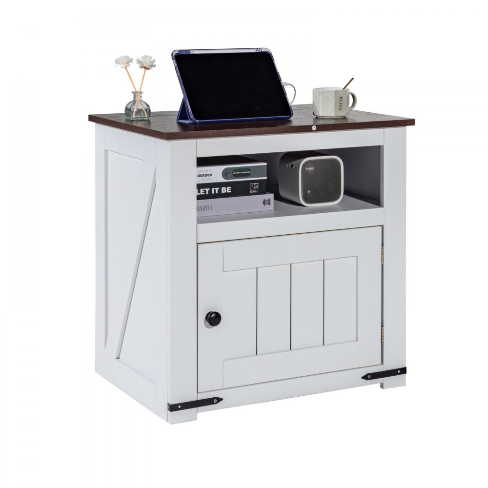 Mesa auxiliar estilo granja VEVOR, mesita de noche con estación de carga, mesa auxiliar de 3 niveles con armario de almacenamiento, mesa auxiliar con puertos USB y enchufes, ideal para salón y dormitorio, color blanco