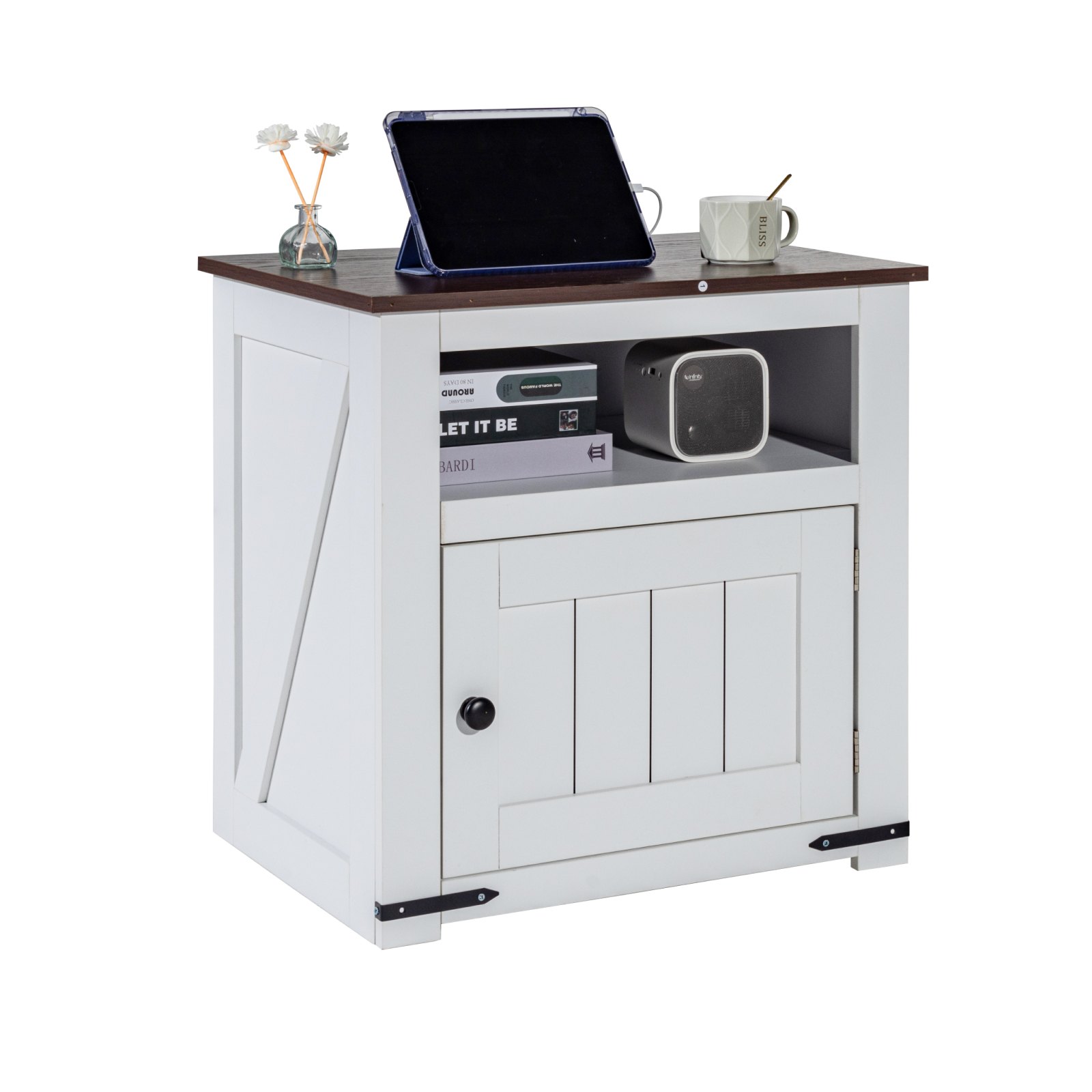 Mesita de noche cuadrada estilo granja con puertos y tomas USB en color blanco