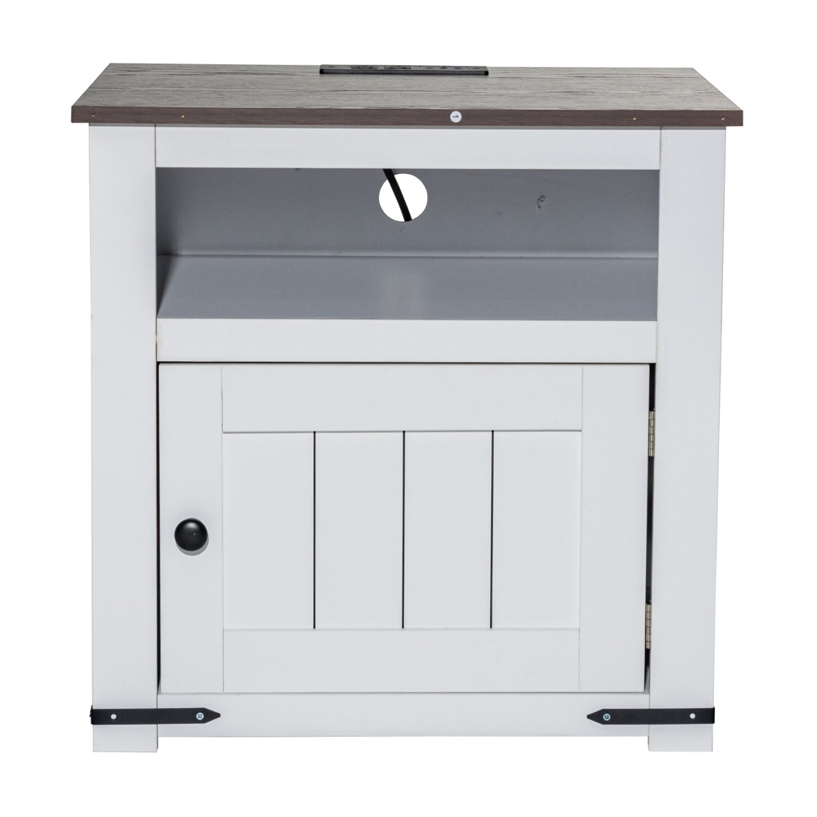 Mesita de noche cuadrada estilo granja con puertos y tomas USB en color blanco
