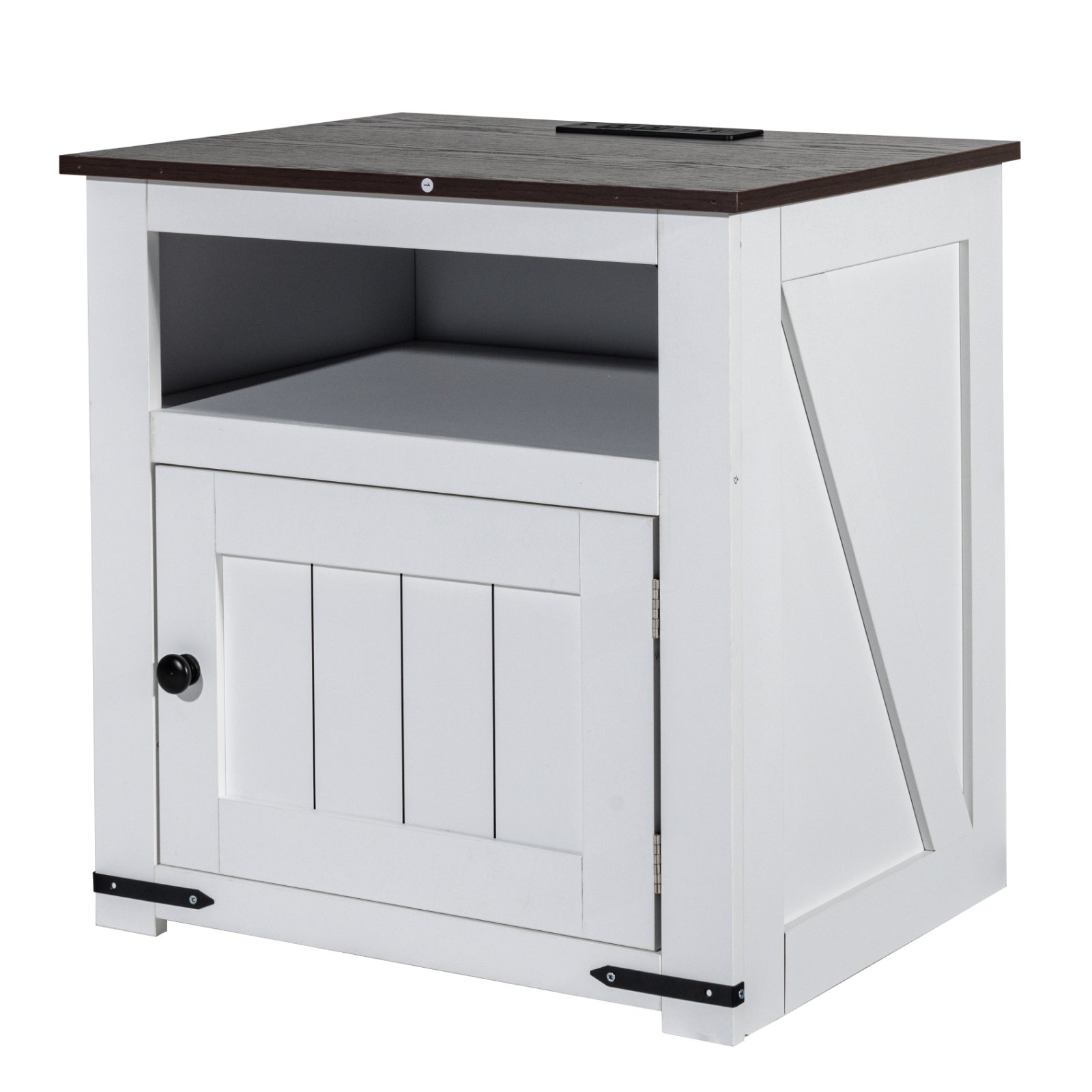 Mesita de noche cuadrada estilo granja con puertos y tomas USB en color blanco