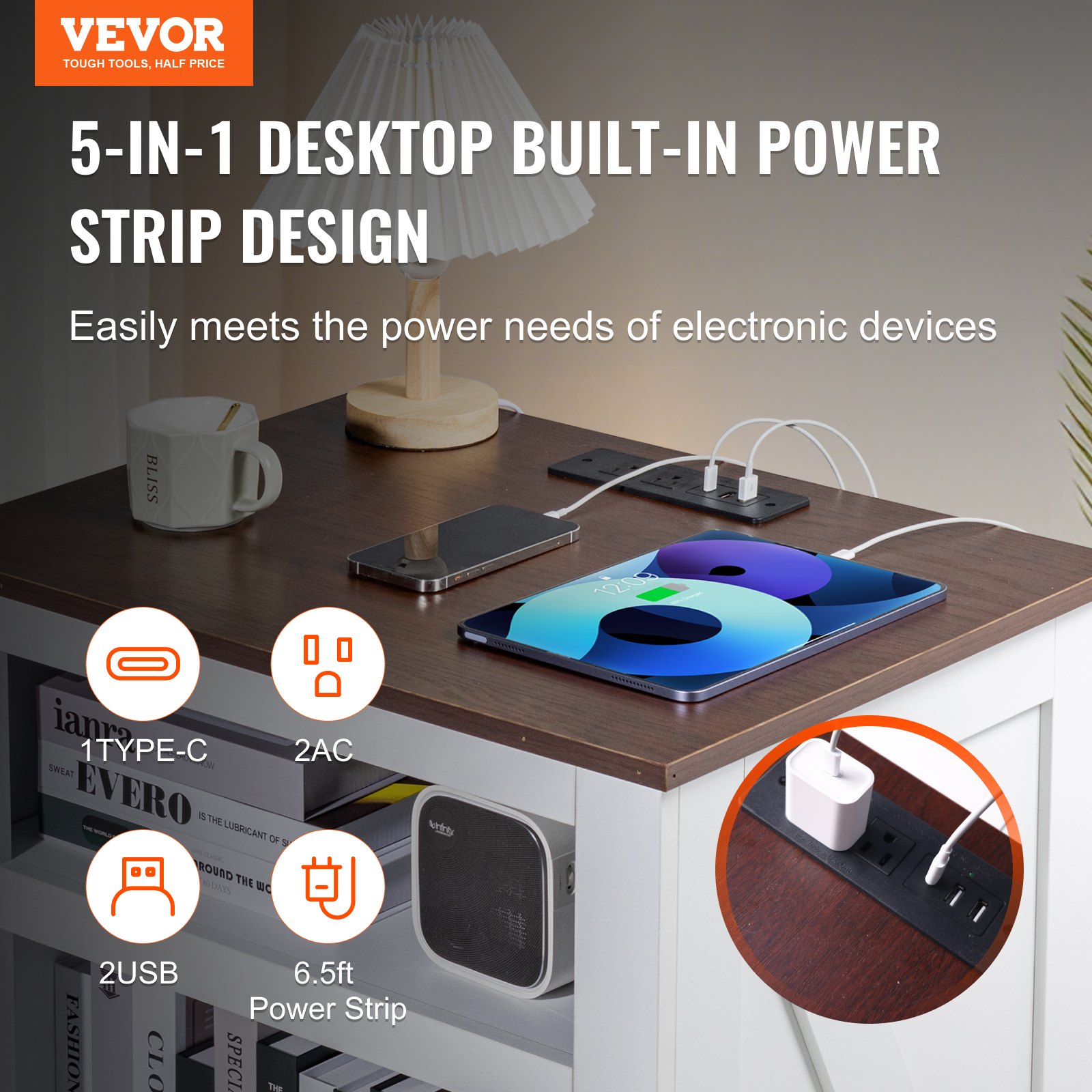 Mesa auxiliar estilo granja VEVOR, mesita de noche con estación de carga, mesa auxiliar de 3 niveles con armario de almacenamiento, mesa auxiliar con puertos USB y enchufes, ideal para salón y dormitorio, color blanco