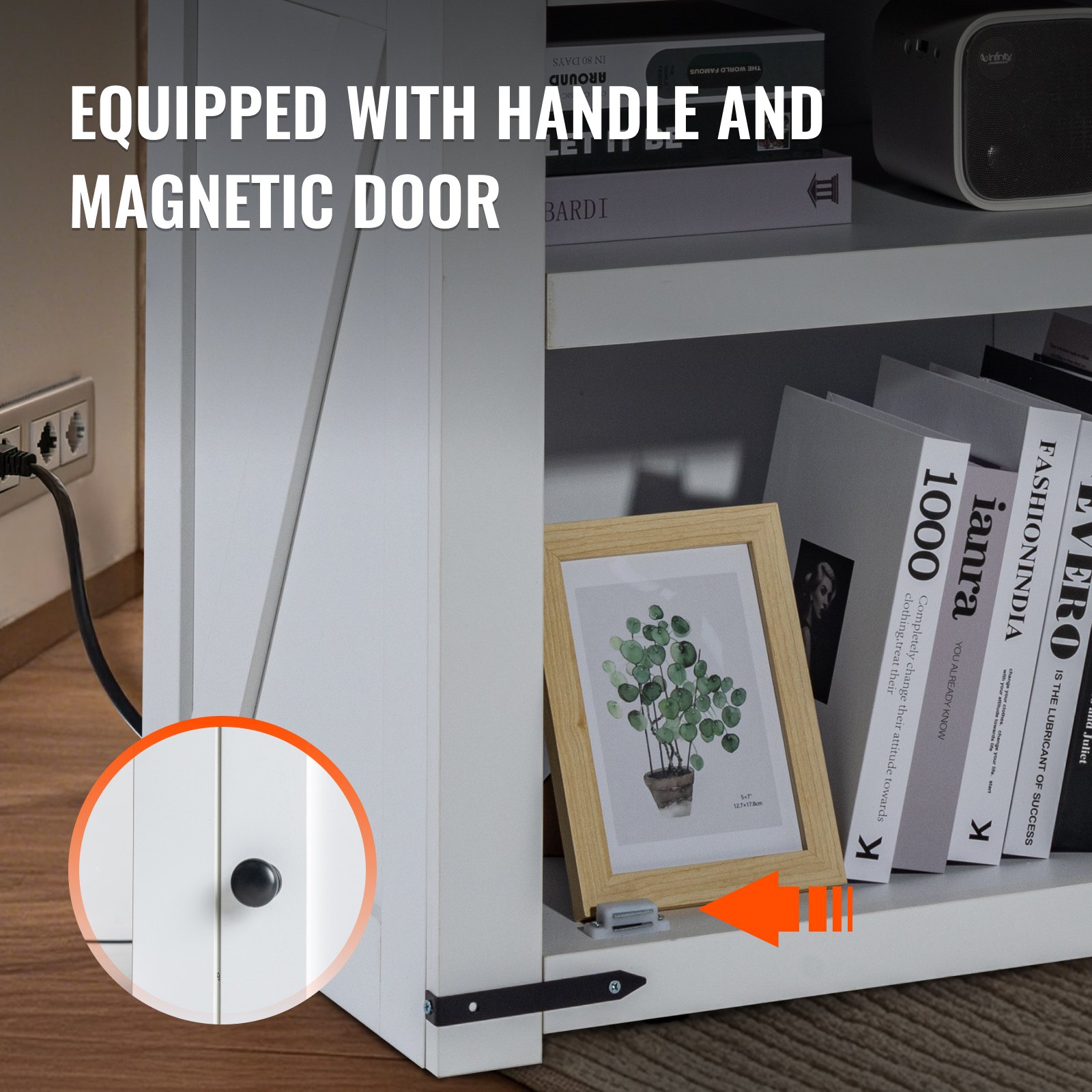 Mesa auxiliar estilo granja VEVOR, mesita de noche con estación de carga, mesa auxiliar de 3 niveles con armario de almacenamiento, mesa auxiliar con puertos USB y enchufes, ideal para salón y dormitorio, color blanco