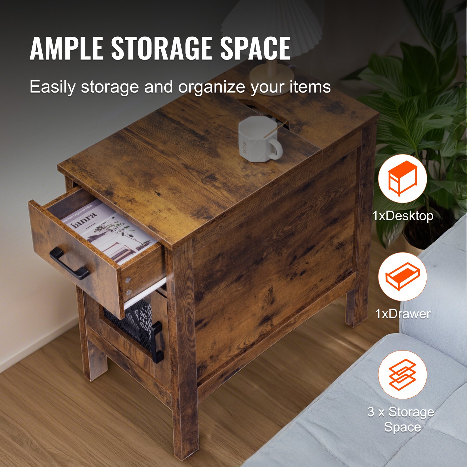 Mesa auxiliar estilo granja VEVOR, mesita de noche con estación de carga, mesa auxiliar de 3 niveles con armario de almacenamiento y 1 cajón, mesa auxiliar con puertos USB y enchufes, ideal para sala de estar y dormitorio, madera noble.