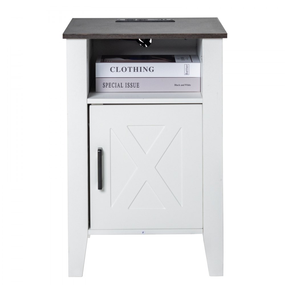 VEVOR - Juego de 2 mesas auxiliares estilo granja, mesita de noche con estación de carga, mesa auxiliar de 3 niveles con armario de almacenamiento, mesa auxiliar con puertos USB y enchufes, ideal para salón, dormitorio y oficina, color blanco