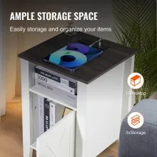 Mesita de noche estilo granja con tomas USB y luz LED, juego de 2 unidades, color blanco