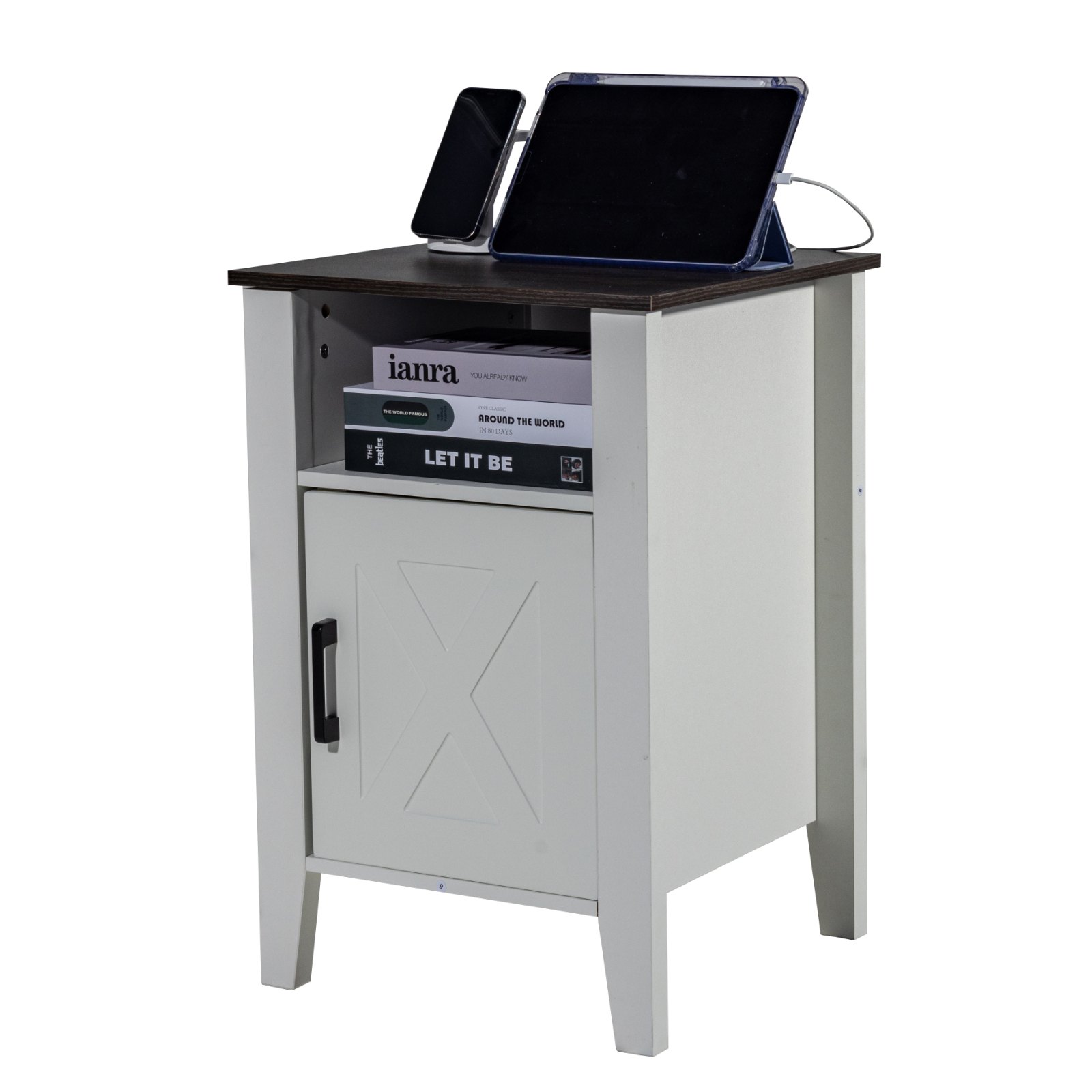 Mesita de noche estilo granja con tomas USB y luz LED, juego de 2 unidades, color blanco