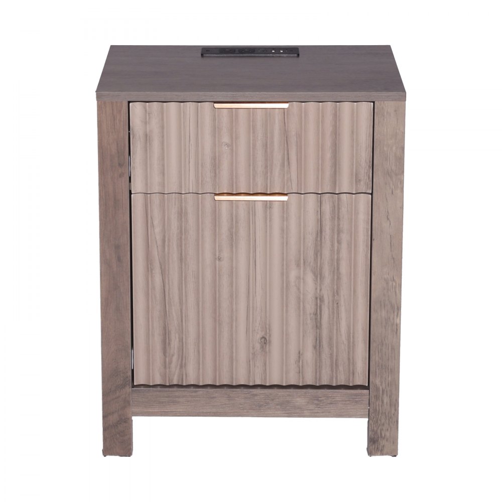 Mesa auxiliar estilo granja, mesita de noche cuadrada con USB y tomas de corriente, juego de 2 unidades, color gris
