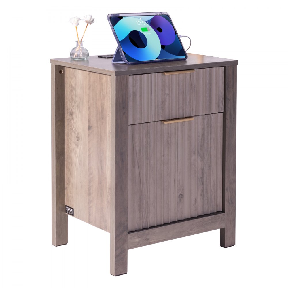 Mesa auxiliar estilo granja, mesita de noche cuadrada con USB y tomas de corriente, juego de 2 unidades, color gris