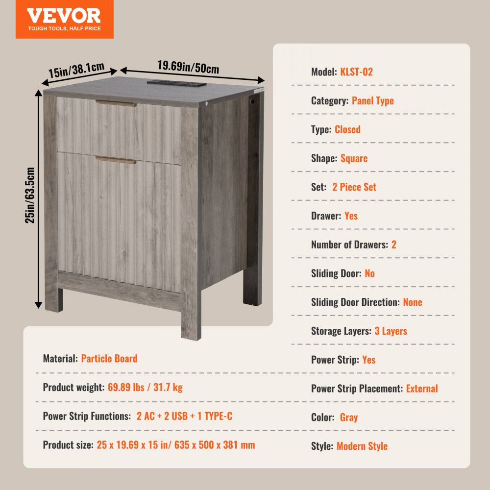 VEVOR - Juego de 2 mesas auxiliares estilo granja, mesita de noche con estación de carga, mesa auxiliar de 3 niveles con armario de almacenamiento y 2 cajones, mesa auxiliar con puertos USB y enchufes, ideal para sala de estar y dormitorio, color gris