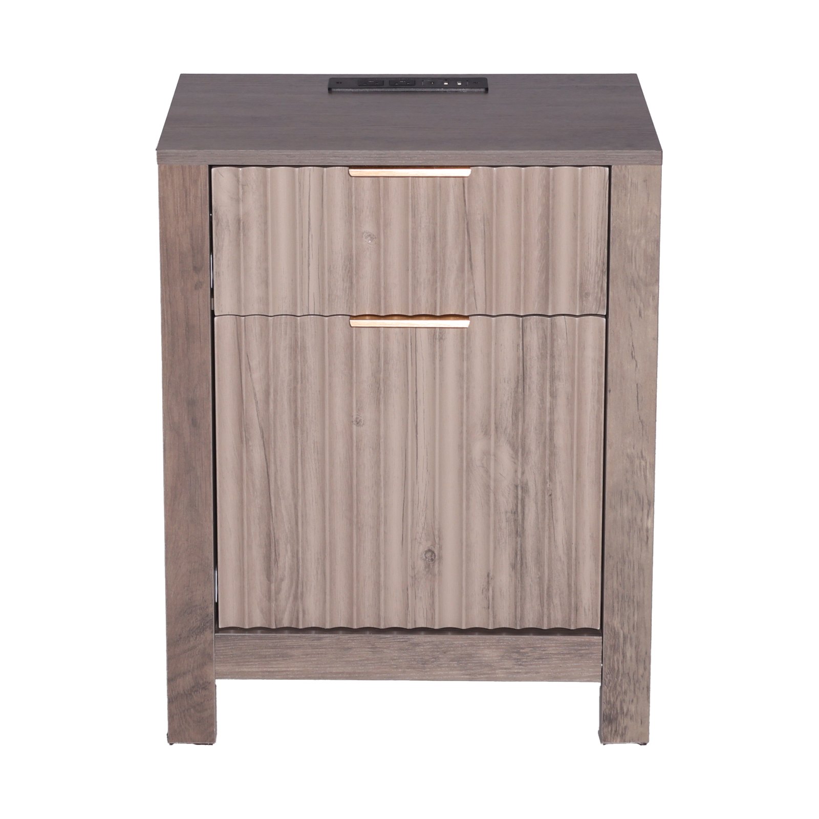 Mesa auxiliar estilo granja, mesita de noche cuadrada con USB y tomas de corriente, juego de 2 unidades, color gris