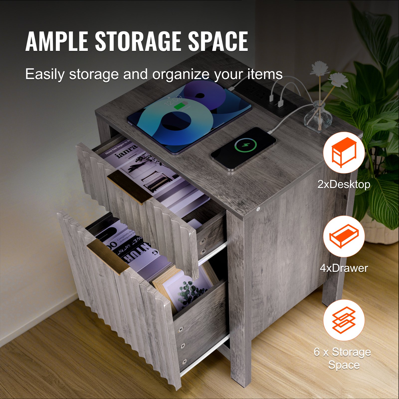 VEVOR - Juego de 2 mesas auxiliares estilo granja, mesita de noche con estación de carga, mesa auxiliar de 3 niveles con armario de almacenamiento y 2 cajones, mesa auxiliar con puertos USB y enchufes, ideal para sala de estar y dormitorio, color gris