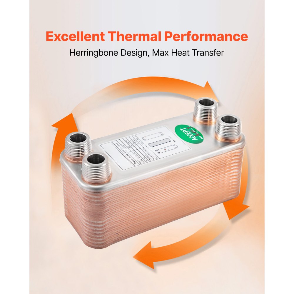 Intercambiador de calor VEVOR de 3" x 7,5", 30 placas, 316L, MPT de 3/4", B12-30, enfriador de mosto para calefacción hidrónica