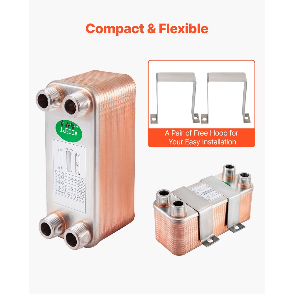 Intercambiador de calor VEVOR de 3" x 7,5", 30 placas, 316L, MPT de 3/4", B12-30, enfriador de mosto para calefacción hidrónica