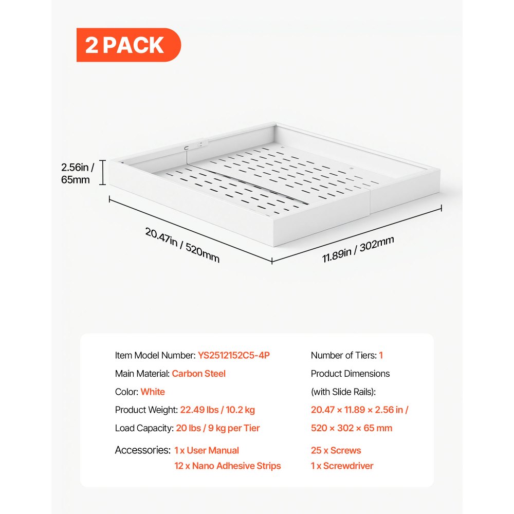 VEVOR Cajón Extraíble para Armario de Cocina 4 PCs Cajón Telescópico Blanco, Ancho Expandible de 31-48 cm, Profundidad de 52 cm, Carga 9 kg por Nivel, Con Tiras Adhesivas Nano, Para Despensa de Cocina