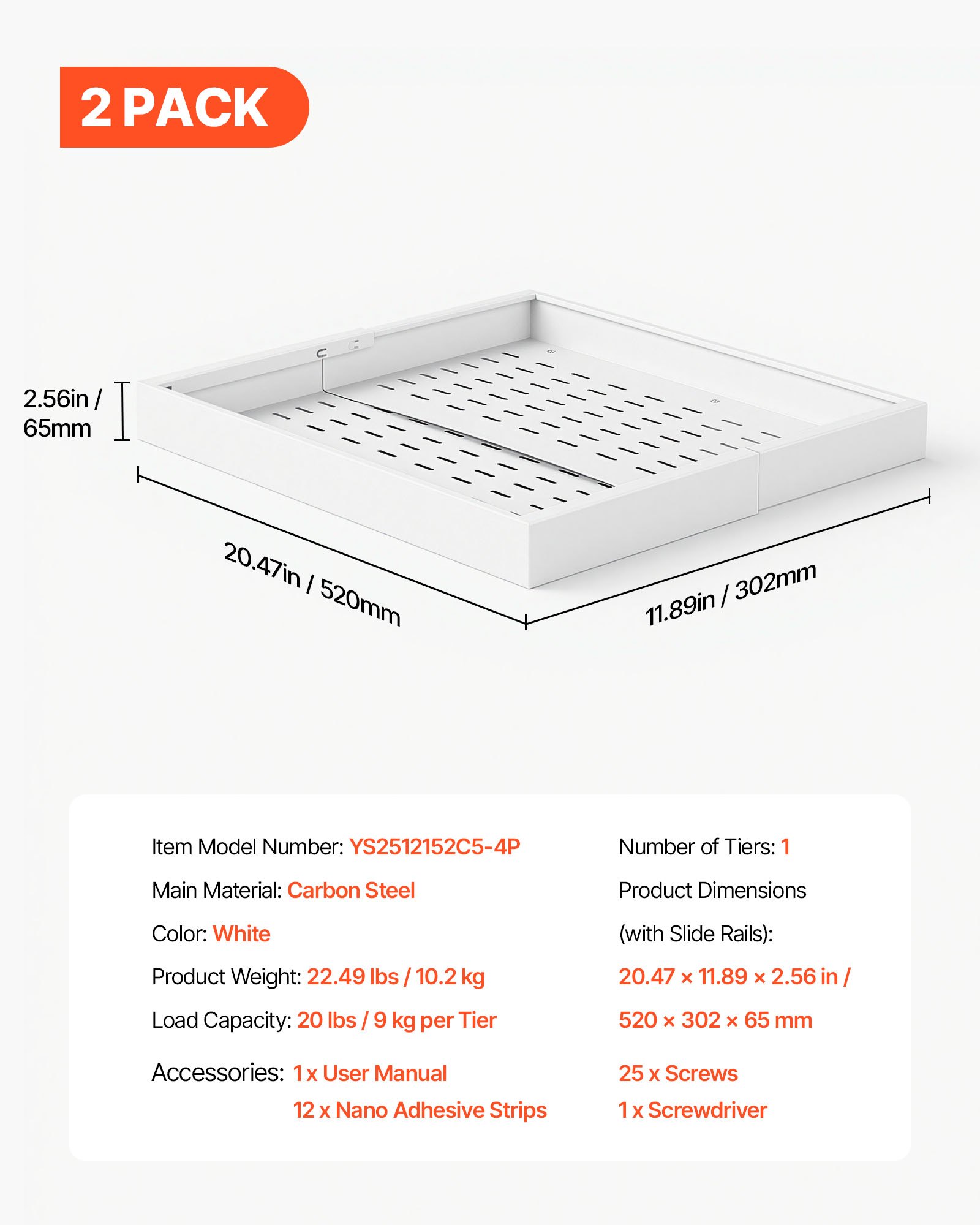 VEVOR Cajón Extraíble para Armario de Cocina 4 PCs Cajón Telescópico Blanco, Ancho Expandible de 31-48 cm, Profundidad de 52 cm, Carga 9 kg por Nivel, Con Tiras Adhesivas Nano, Para Despensa de Cocina