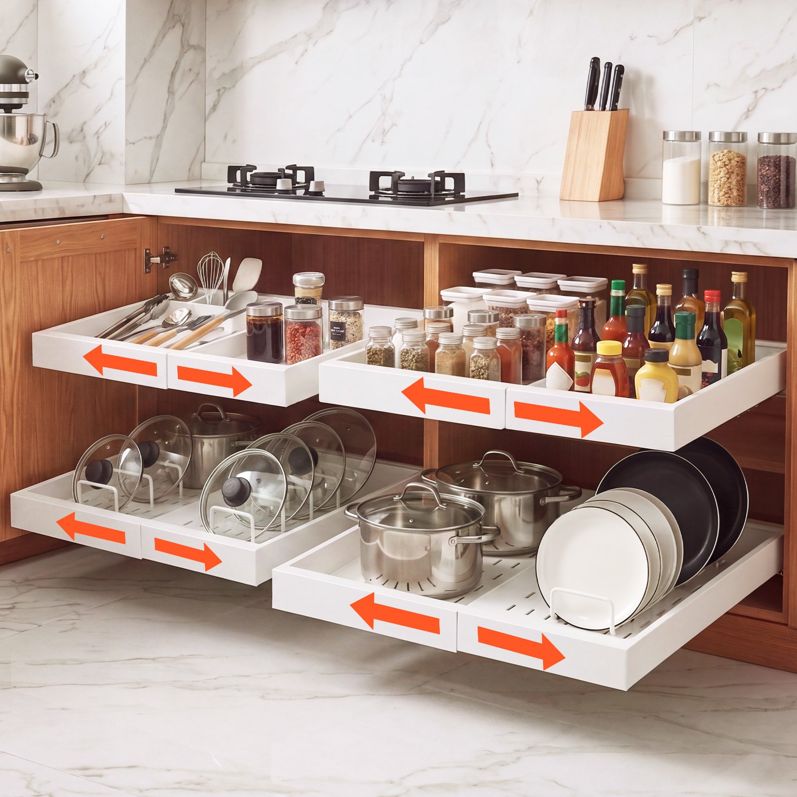 VEVOR Cajón Extraíble para Armario de Cocina 4 PCs Cajón Telescópico Blanco, Ancho Expandible de 31-48 cm, Profundidad de 52 cm, Carga 9 kg por Nivel, Con Tiras Adhesivas Nano, Para Despensa de Cocina