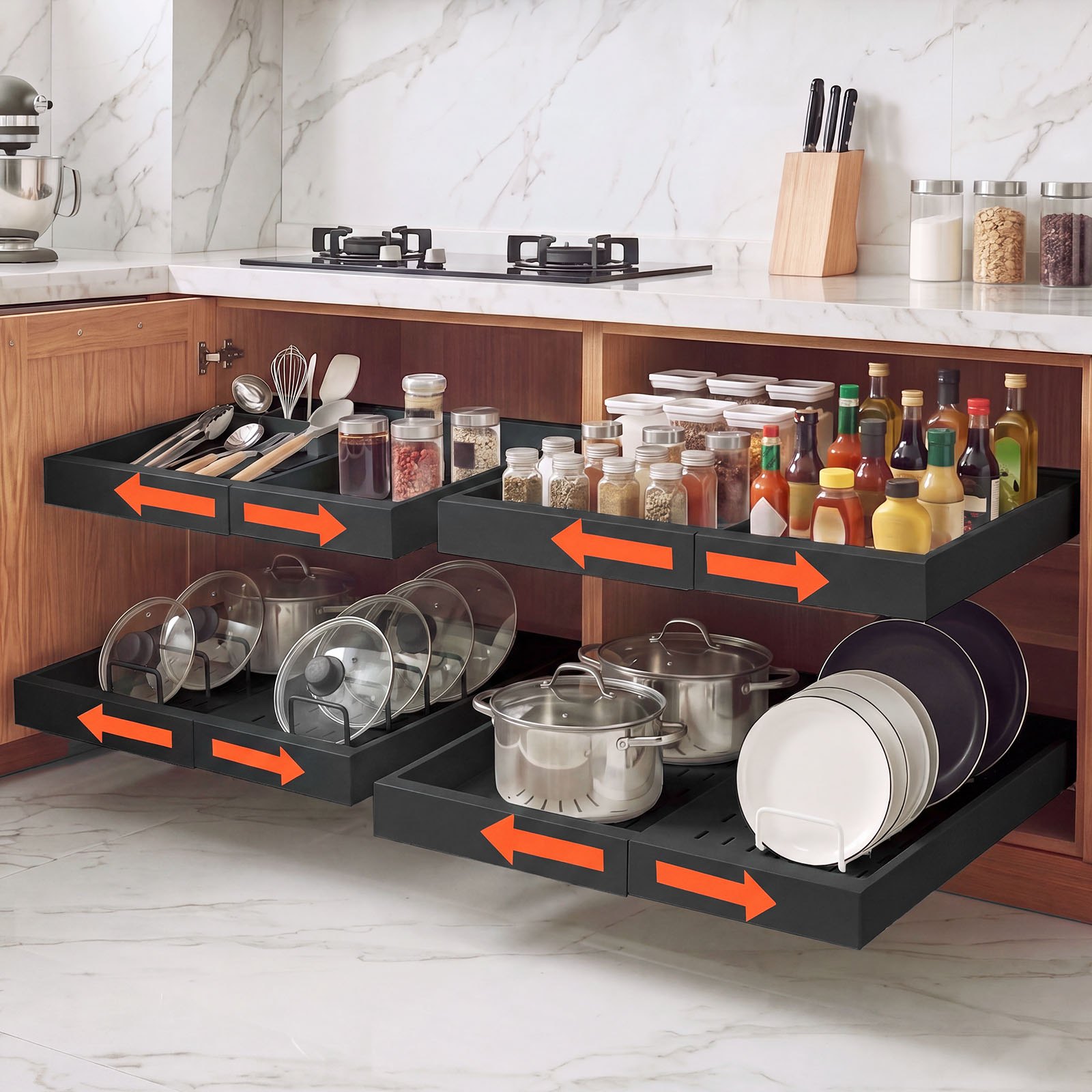 VEVOR Cajón Extraíble para Armario de Cocina 4 PCs Cajón Telescópico Negro, Ancho Expandible de 31-48 cm, Profundidad de 52 cm, Carga 9 kg por Nivel, Con Tiras Adhesivas Nano, Para Despensa de Cocina