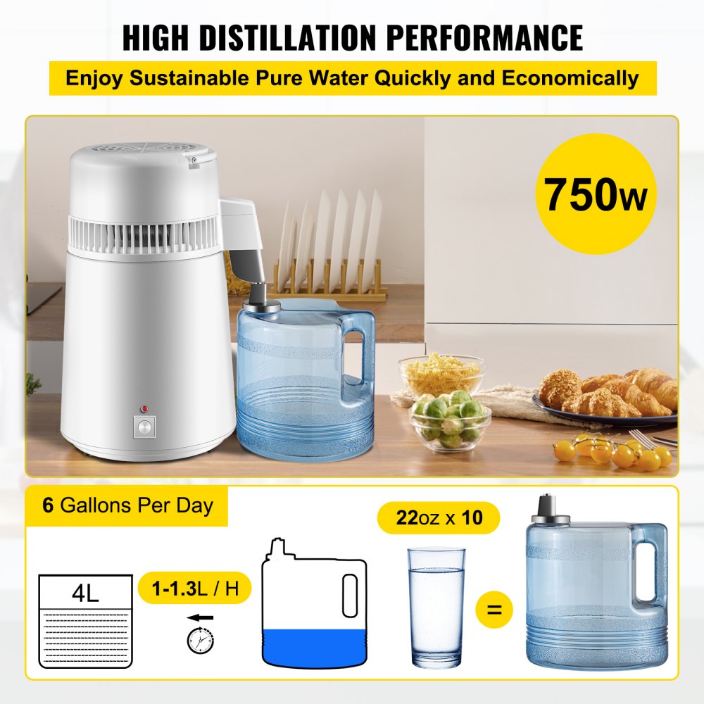 Destilador de agua pura VEVOR de 750 W, filtro purificador totalmente mejorado con asa, 4 L (1,1 galones), recipiente sin BPA, perfecto para uso doméstico, color blanco