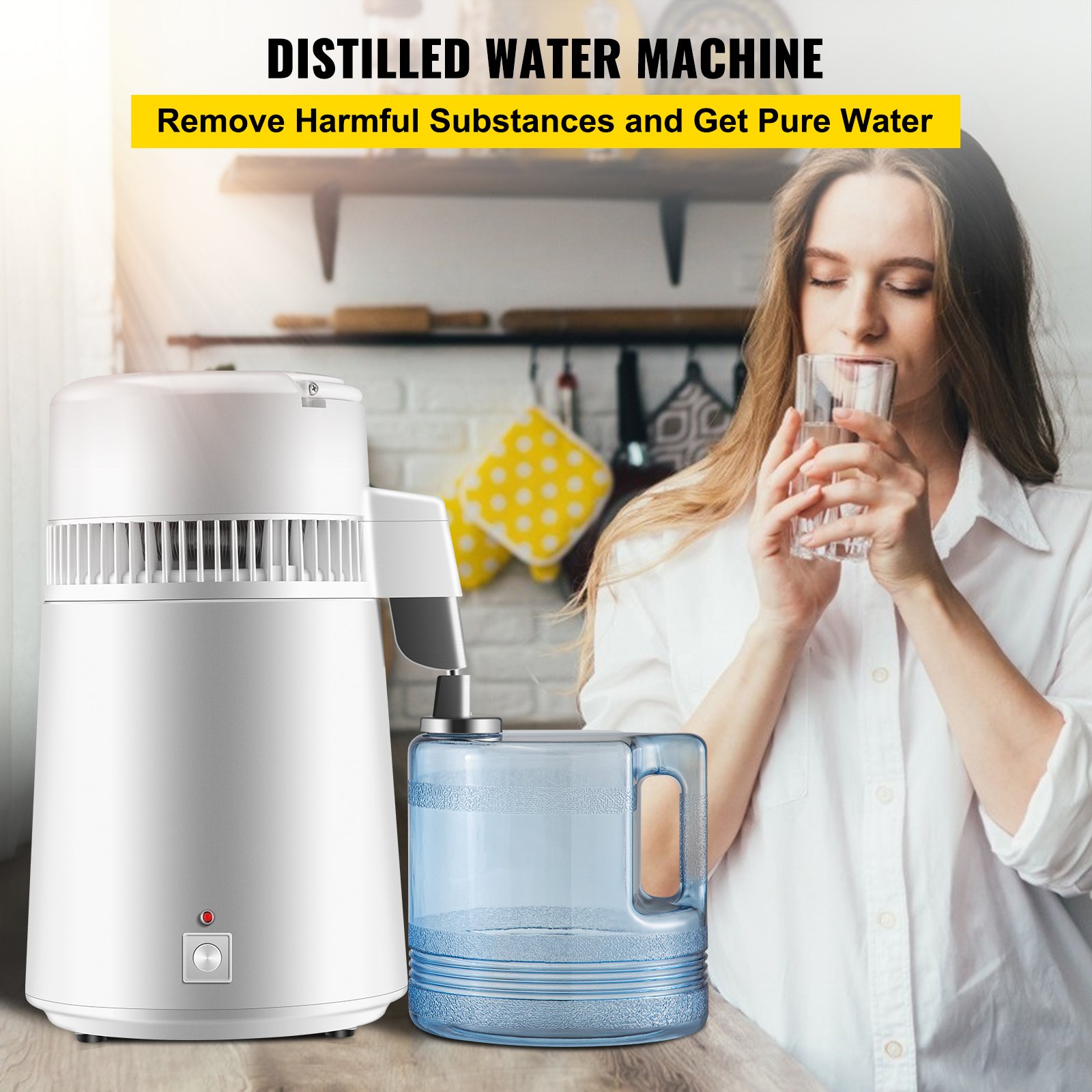 Destilador de agua pura VEVOR de 750 W, filtro purificador totalmente mejorado con asa, 4 L (1,1 galones), recipiente sin BPA, perfecto para uso doméstico, color blanco