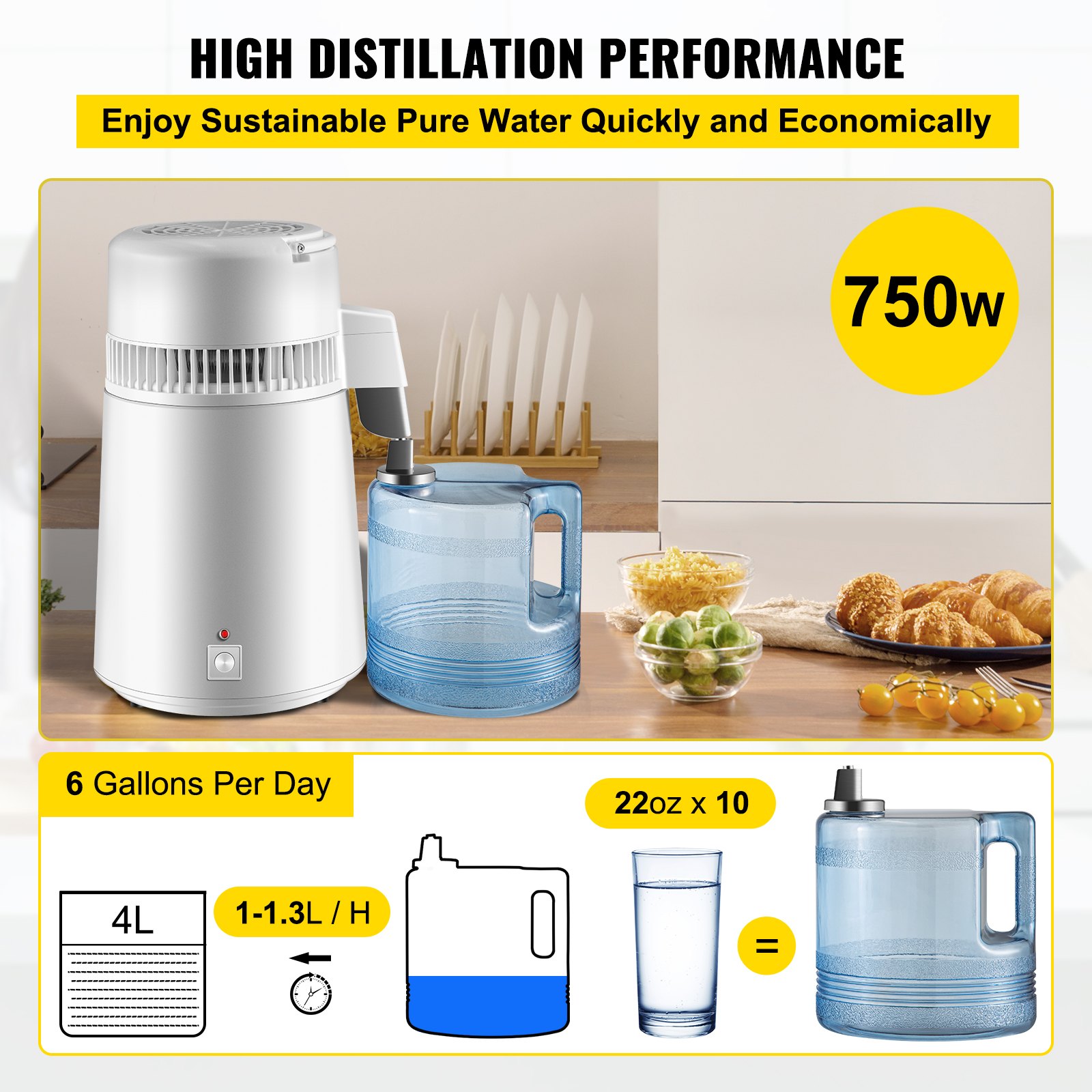 Destilador de agua pura VEVOR de 750 W, filtro purificador totalmente mejorado con asa, 4 L (1,1 galones), recipiente sin BPA, perfecto para uso doméstico, color blanco