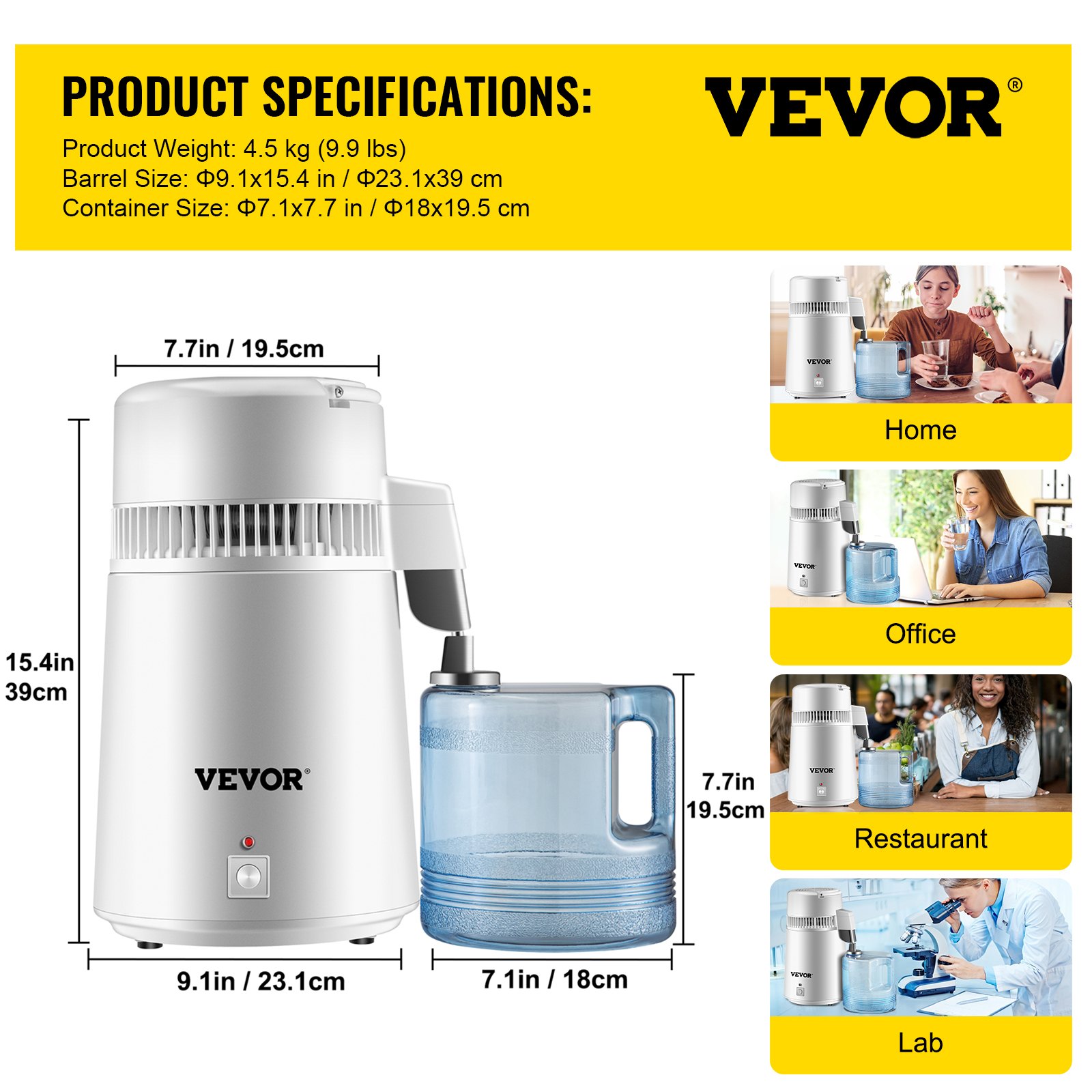 Destilador de agua pura VEVOR de 750 W, filtro purificador totalmente mejorado con asa, 4 L (1,1 galones), recipiente sin BPA, perfecto para uso doméstico, color blanco