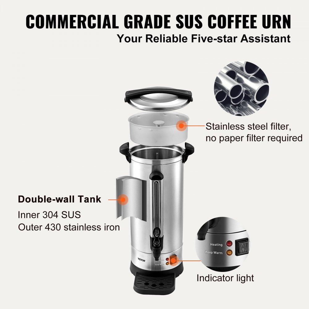 VEVOR Cafetera comercial, dispensador café de acero inoxidable de 110 tazas, cafetera eléctrica de 1500W y 110V para una preparación rápida, calentador de agua con cable de alimentación desmontable
