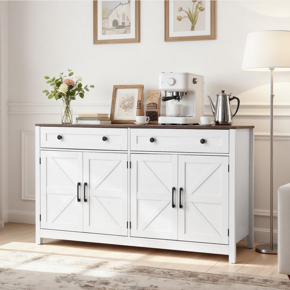 Mueble bar de café VEVOR, mesa de café estilo rústico con 2 cajones, aparador con 4 puertas corredizas, estación de buffet para sala de estar, recibidor, cocina, 55.1 x 15.5 x 31.5 pulgadas, blanco