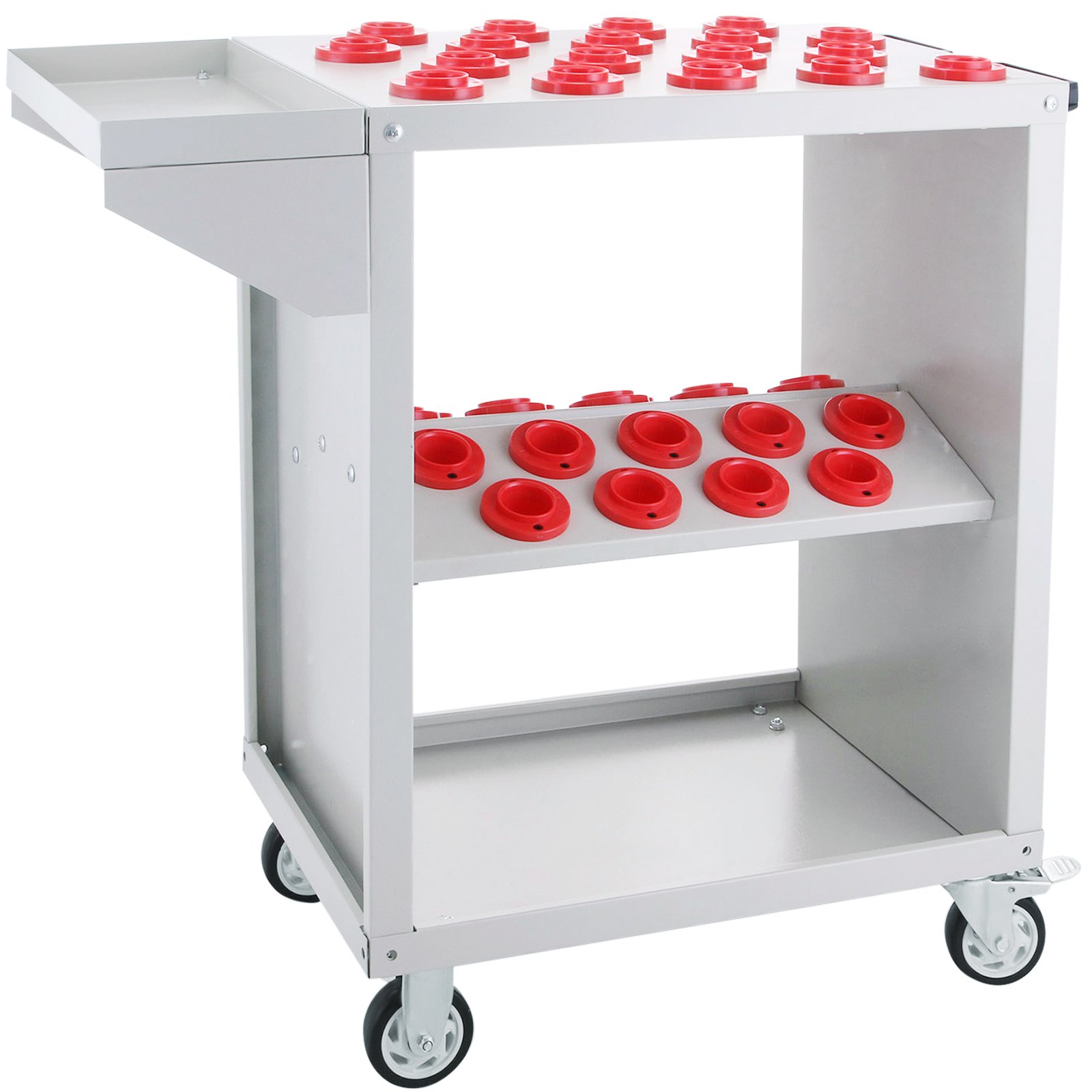 Carro de herramientas VEVOR con portaherramientas rojos y cuatro ruedas giratorias resistentes.