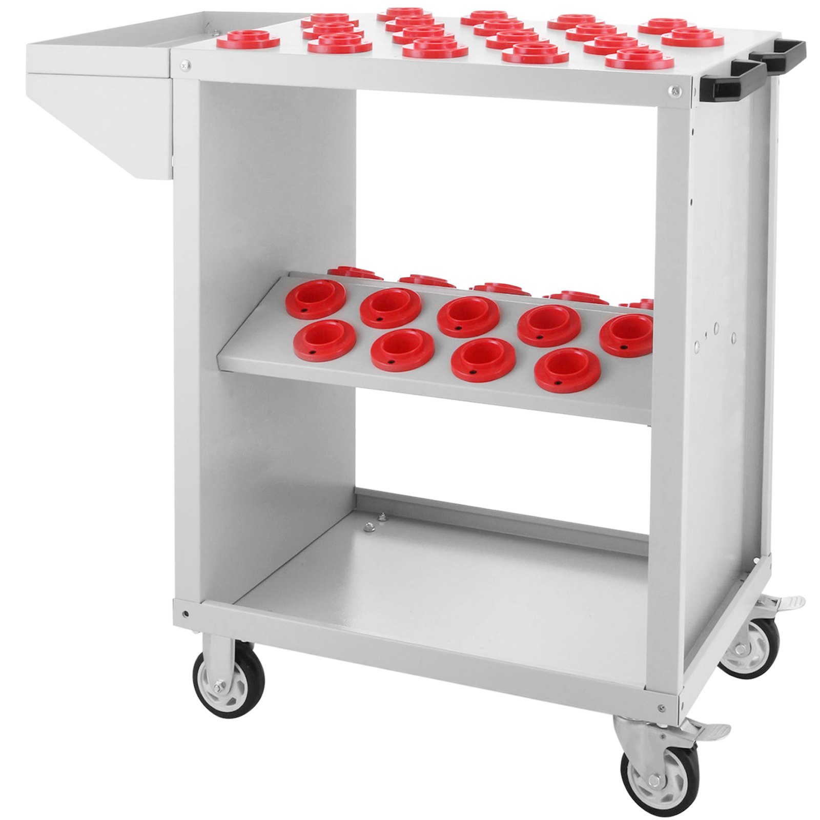 Carro de herramientas VEVOR gris con soportes rojos y ruedas giratorias, con tres estantes.
