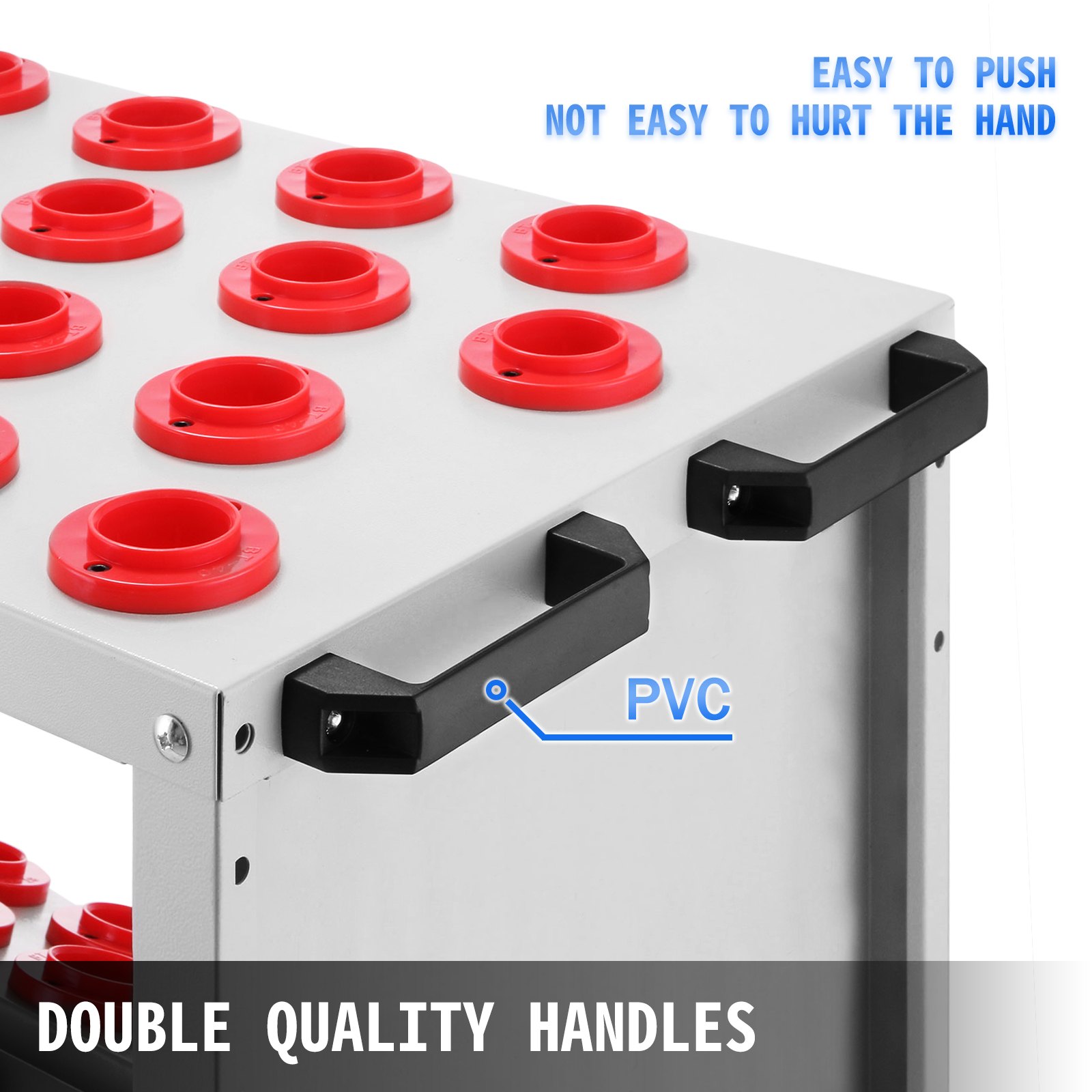 Carro de herramientas VEVOR con inserciones de plástico rojo y asas de pvc de doble calidad.